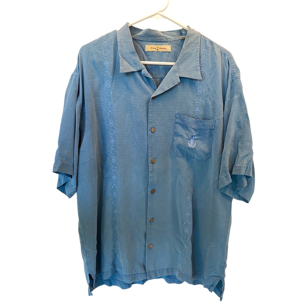 Tommy‎ Bahama Mens Blue 100% Silk Short Sleeve Button Up Shirt XL Pineapple